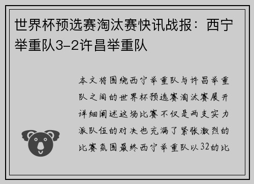 世界杯预选赛淘汰赛快讯战报：西宁举重队3-2许昌举重队
